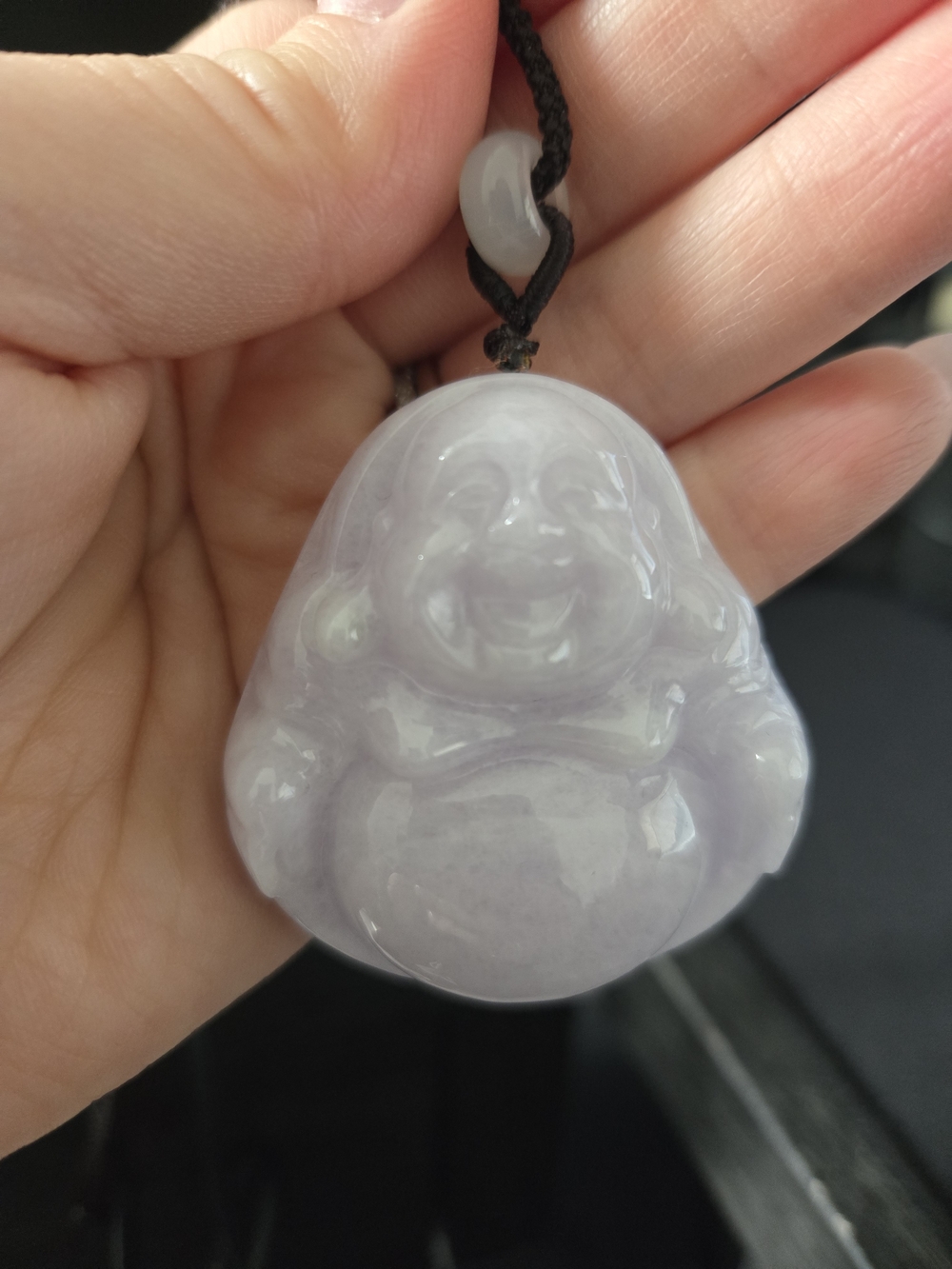 Lavender Jade Laughing Buddha Necklace (GRADE A, W/COA)